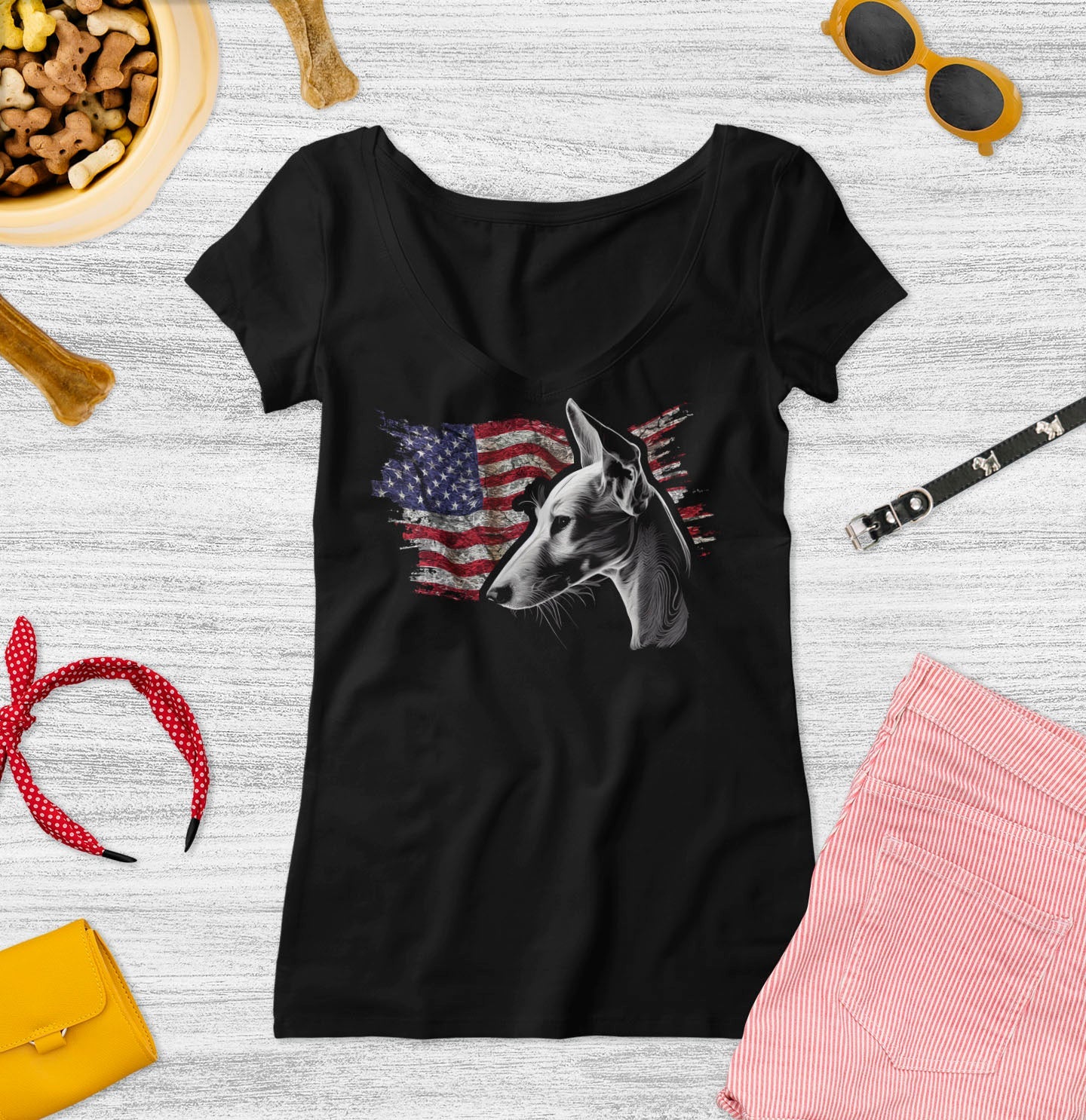 Patriotic Ibizan Hound American Flag - Women's V-Neck T-Shirt