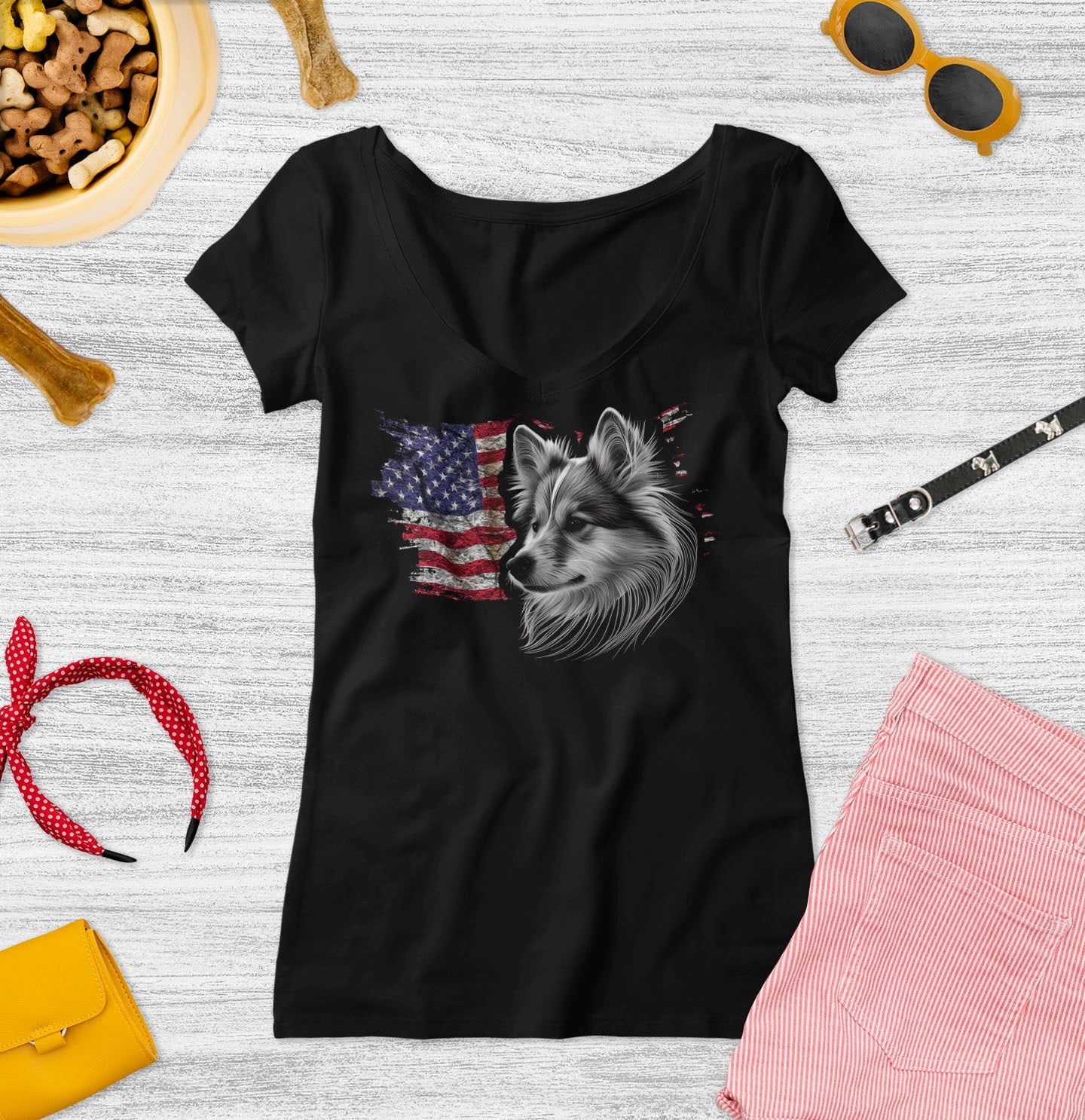 Patriotic Icelandic Sheepdog American Flag - Women's V-Neck T-Shirt