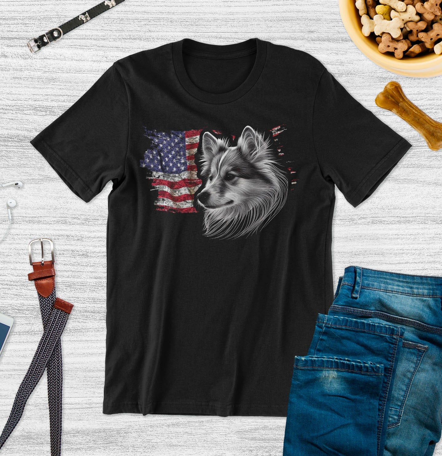 Patriotic Icelandic Sheepdog American Flag - Adult Unisex T-Shirt