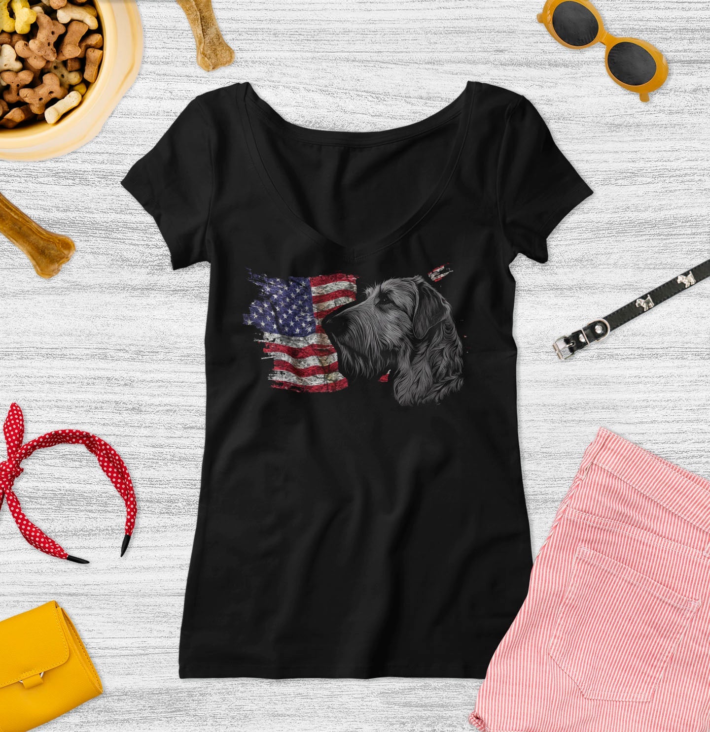 Patriotic Irish Wolfhound American Flag - Women's V-Neck T-Shirt
