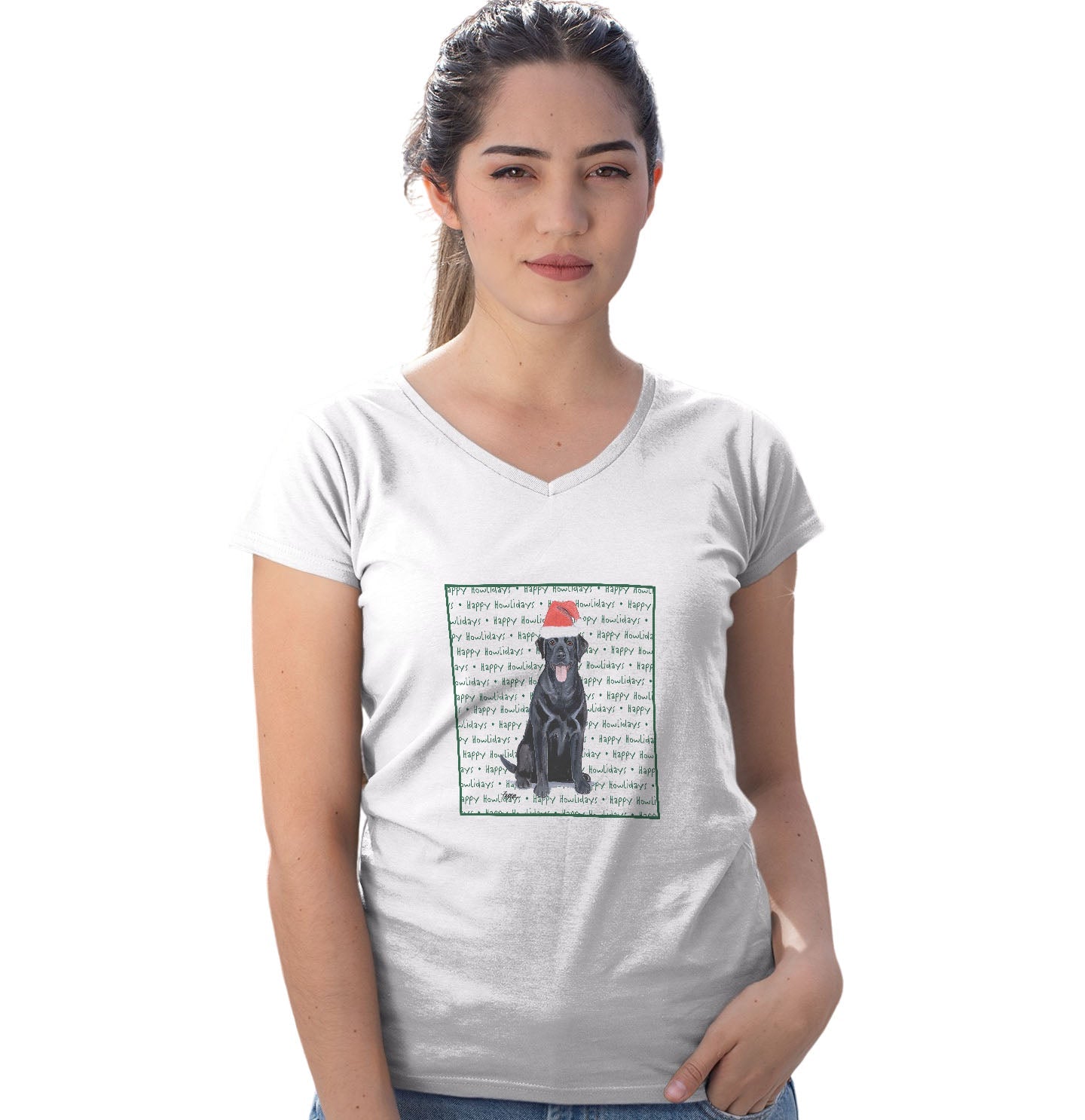 Black Labrador Retriever Happy Howlidays Text - Women's V-Neck T-Shirt