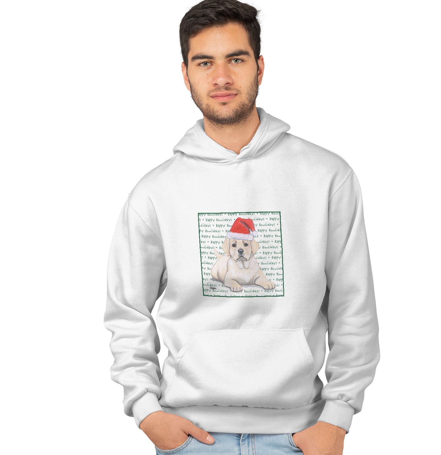 Yellow Labrador Retriever Puppy Happy Howlidays Text - Adult Unisex Hoodie Sweatshirt