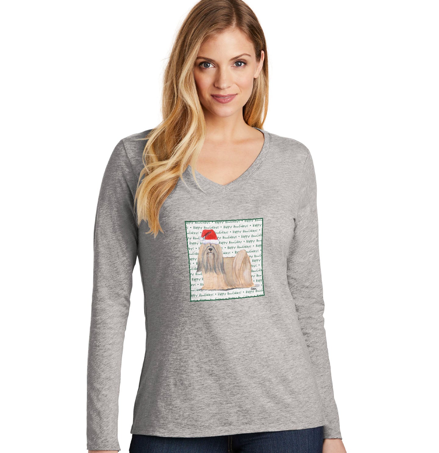Lhasa Apso Happy Howlidays Text - Women's V-Neck Long Sleeve T-Shirt