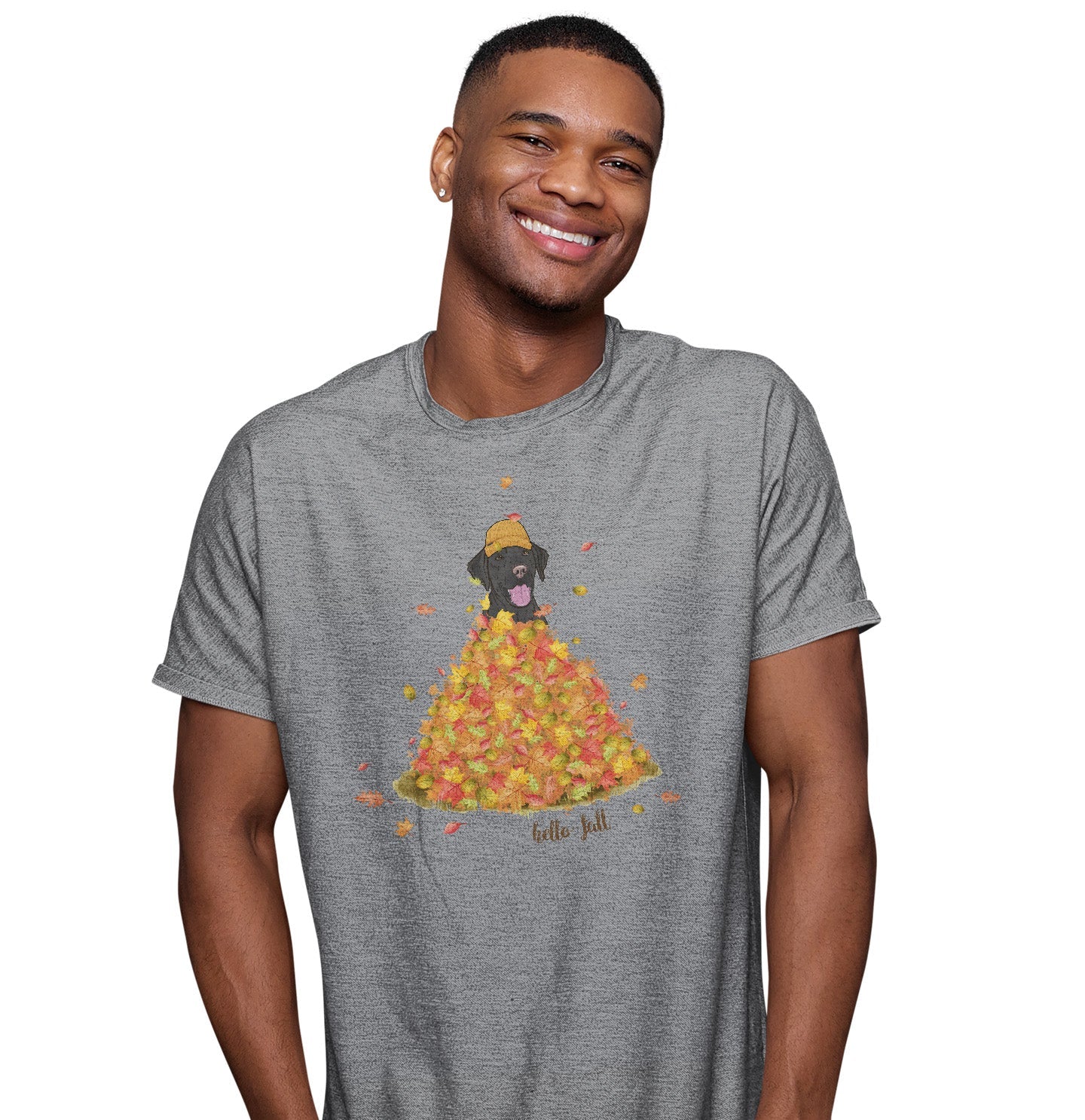 Leaf Pile and Black Lab - Adult Unisex T-Shirt