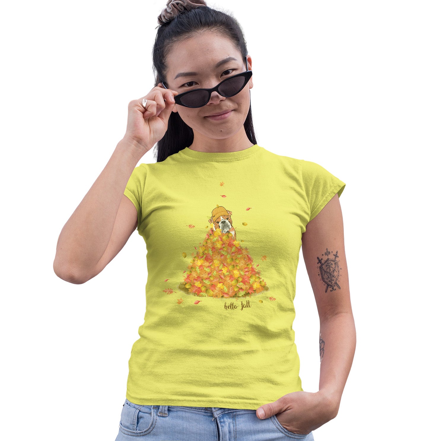 Leaf Pile and Bulldog - Women's Fitted T-Shirt