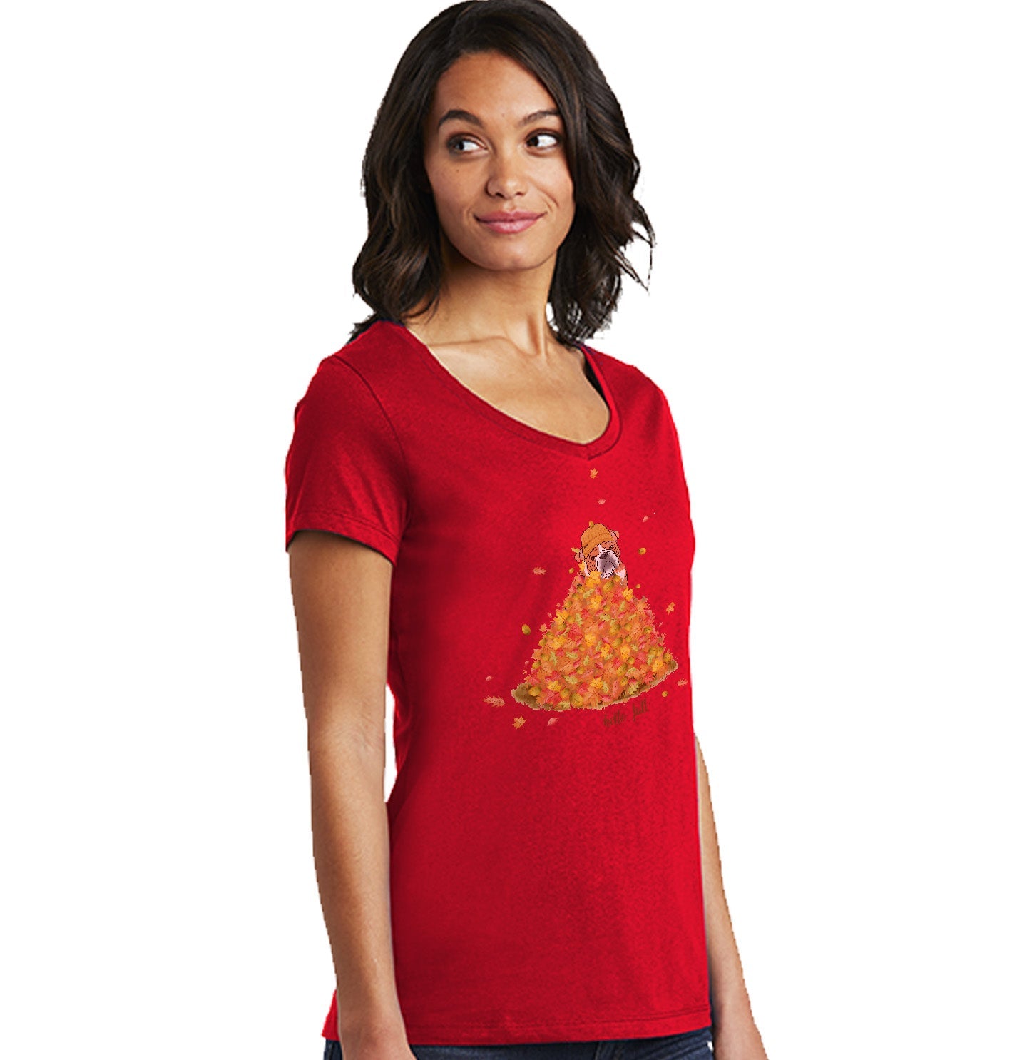 Leaf Pile and Bulldog - Women's V-Neck T-Shirt