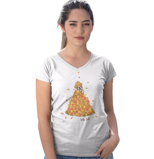 Leaf Pile and Bulldog - Women's V-Neck T-Shirt