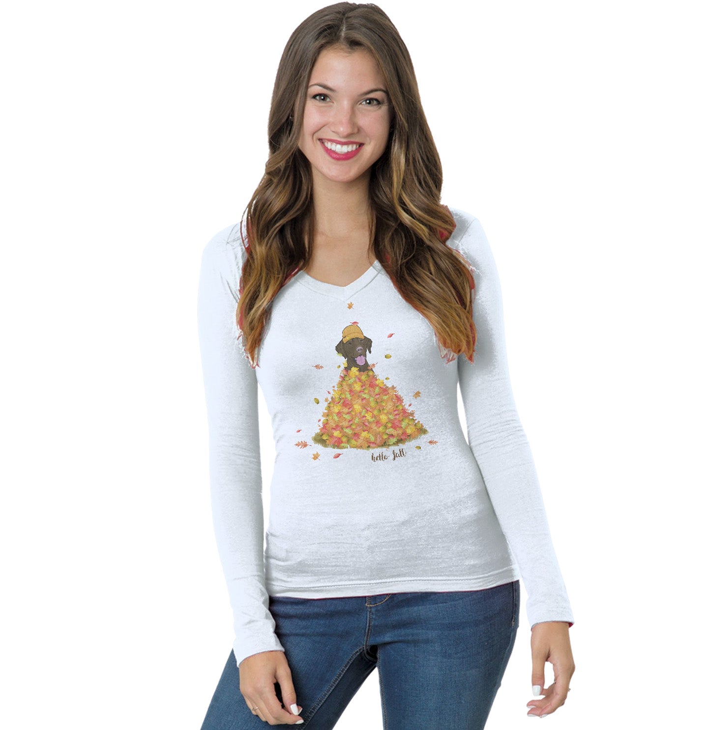 Leaf Pile and Chocolate Lab - Women's V-Neck Long Sleeve T-Shirt
