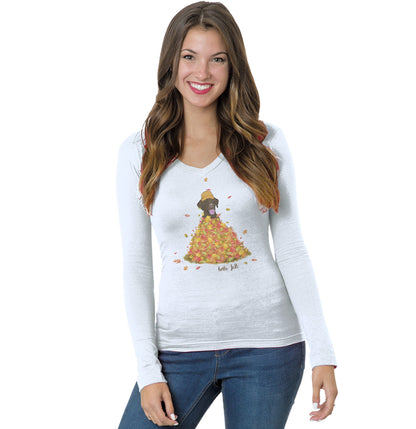 Leaf Pile and Chocolate Lab - Women's V-Neck Long Sleeve T-Shirt
