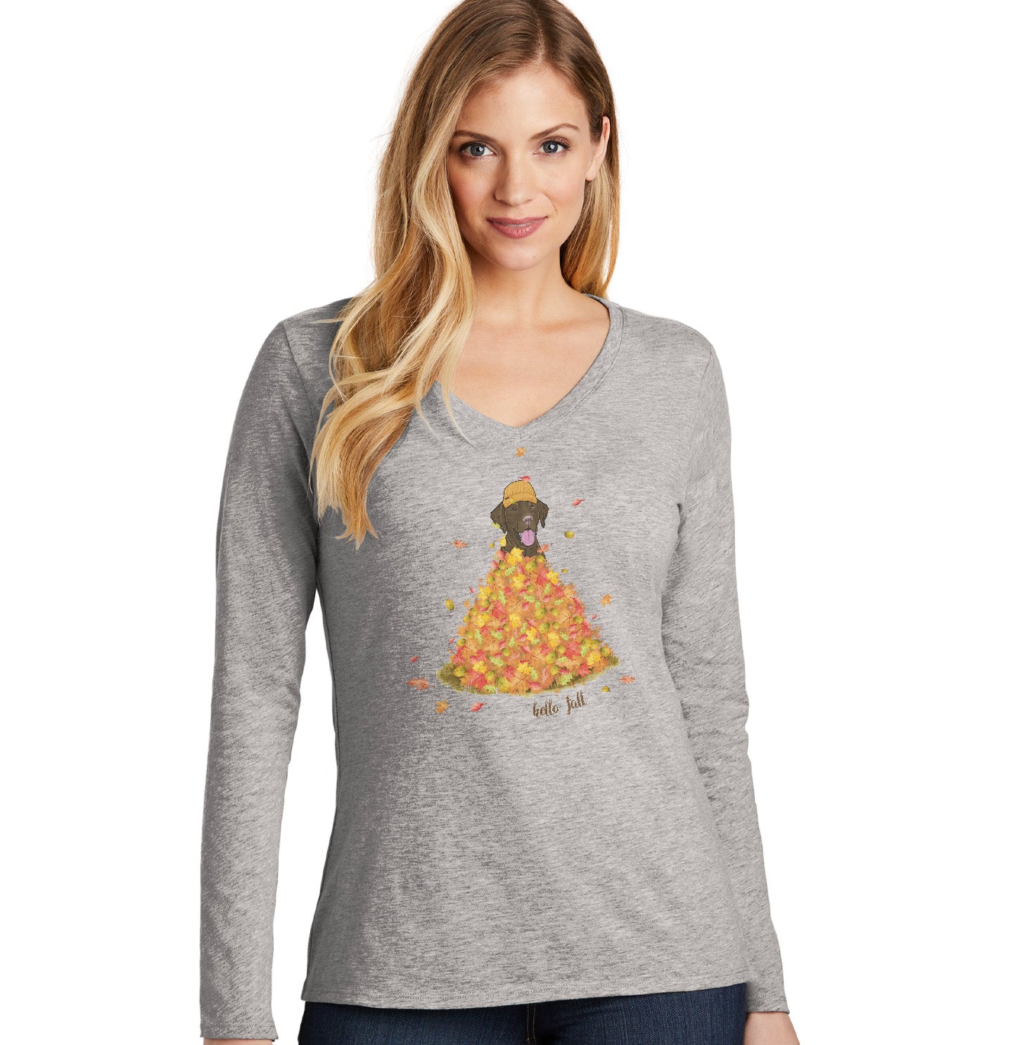 Leaf Pile and Chocolate Lab - Women's V-Neck Long Sleeve T-Shirt