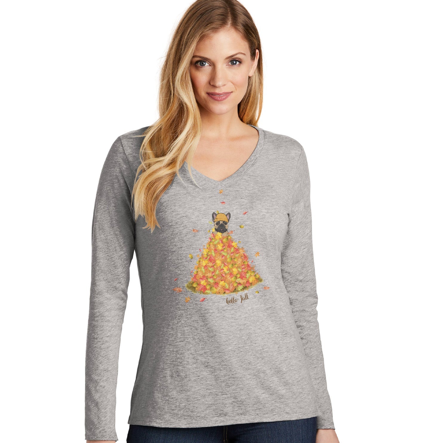 Leaf Pile and Frenchie - Women's V-Neck Long Sleeve T-Shirt