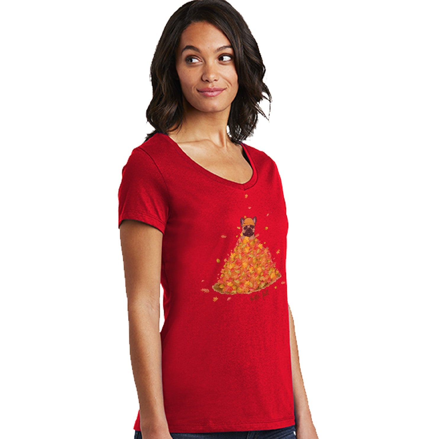 Leaf Pile and Frenchie - Women's V-Neck T-Shirt
