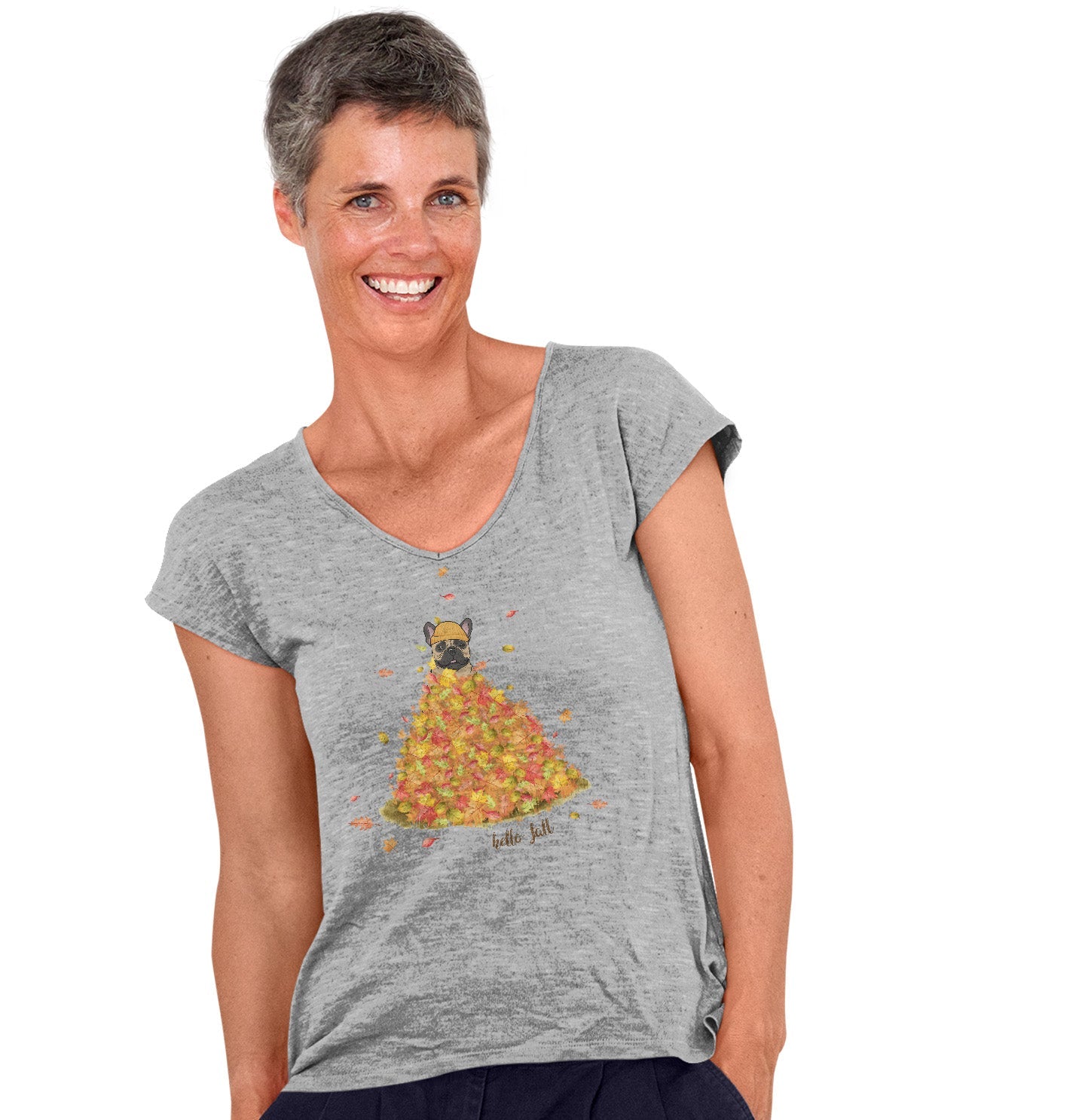 Leaf Pile and Frenchie - Women's V-Neck T-Shirt