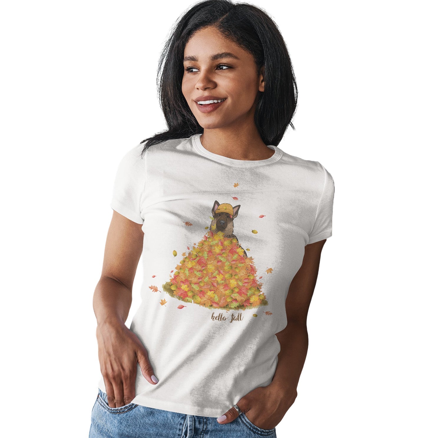 Leaf Pile and German Shepherd - Women's Fitted T-Shirt