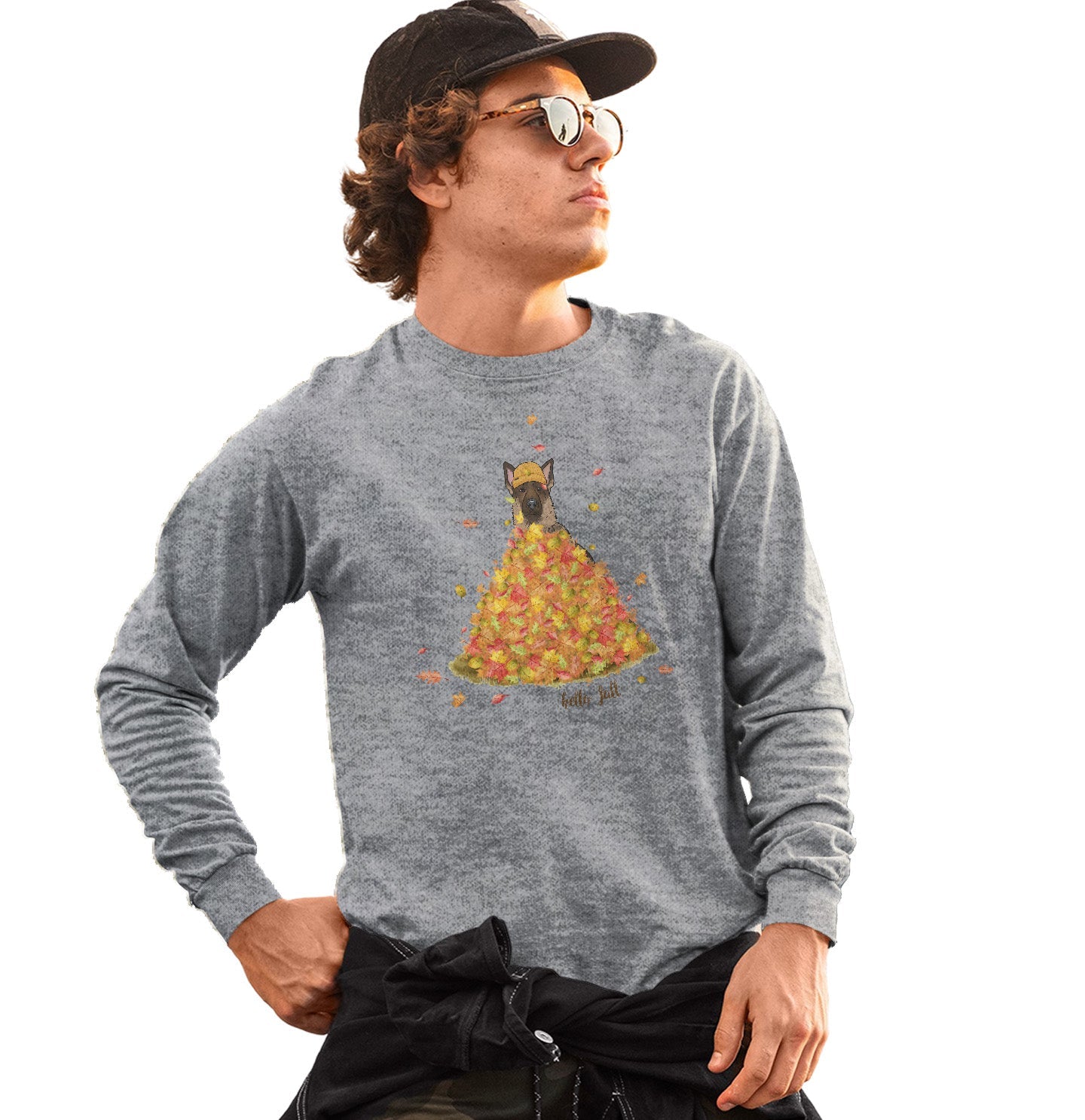 Leaf Pile and German Shepherd - Adult Unisex Long Sleeve T-Shirt