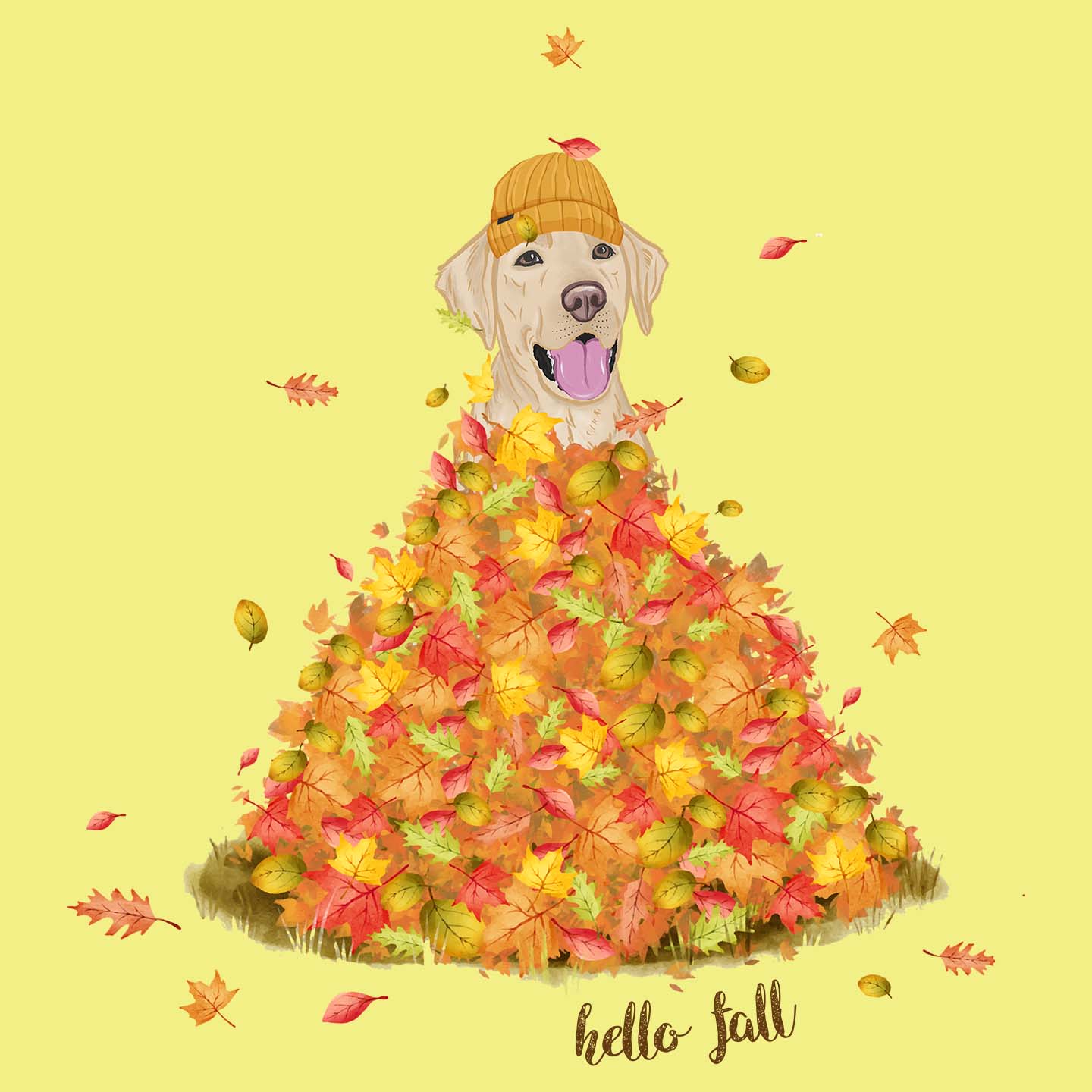 Leaf Pile and Yellow Lab - Women's Fitted T-Shirt