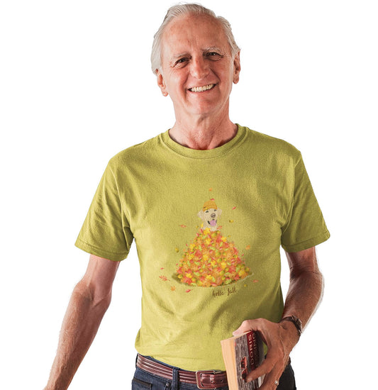 Leaf Pile and Yellow Lab - Adult Unisex T-Shirt