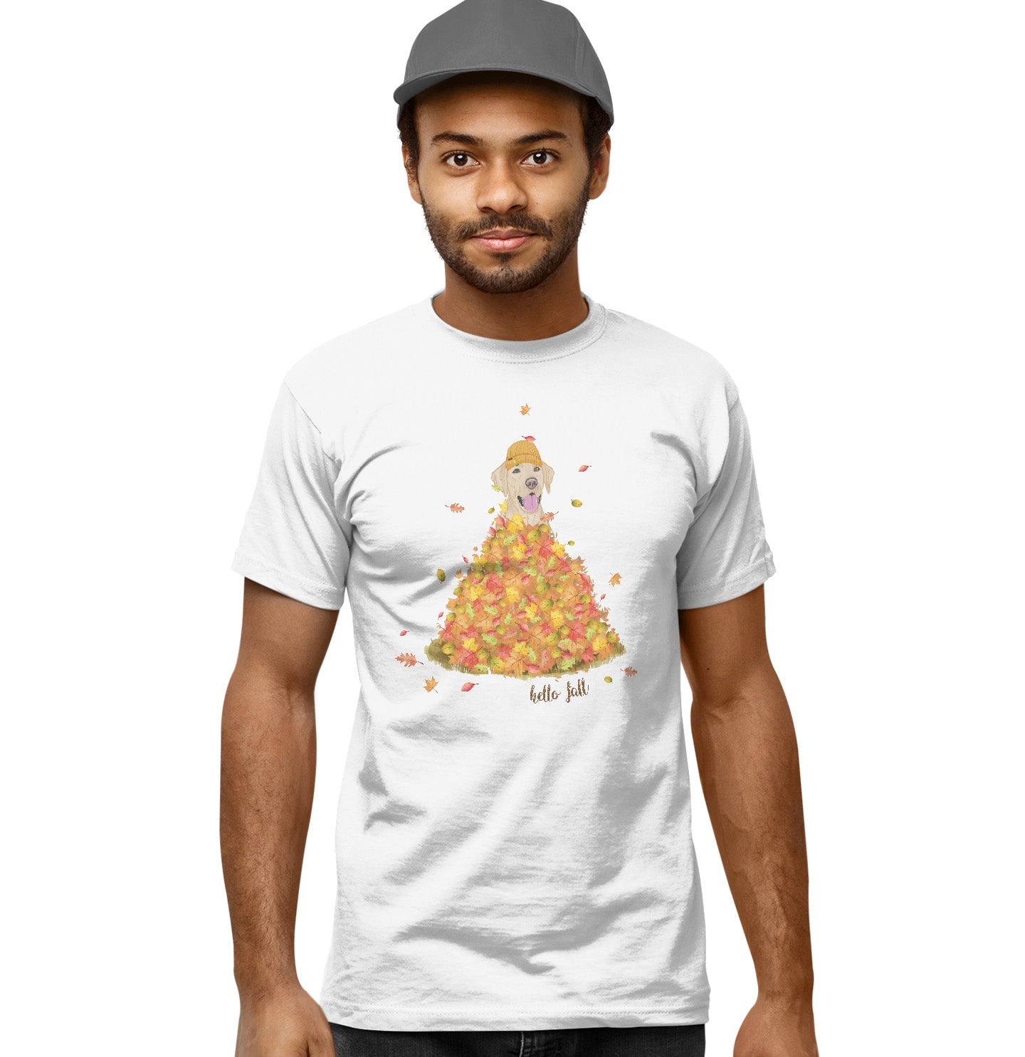 Leaf Pile and Yellow Lab - Adult Unisex T-Shirt