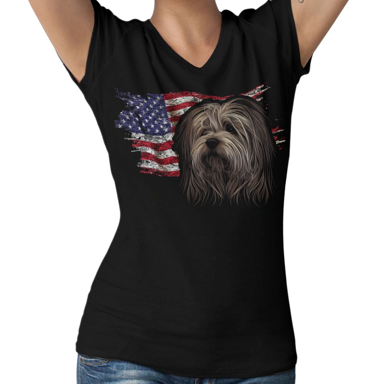 Patriotic Lhasa Apso American Flag - Women's V-Neck T-Shirt