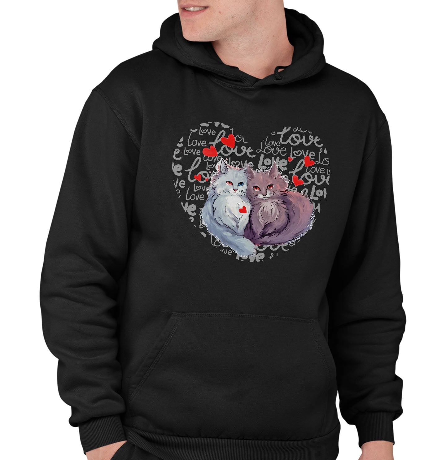 Cat Love Heart - Adult Unisex Hoodie Sweatshirt