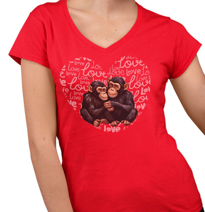 Chimpanzee Love Heart - Women's V-Neck T-Shirt
