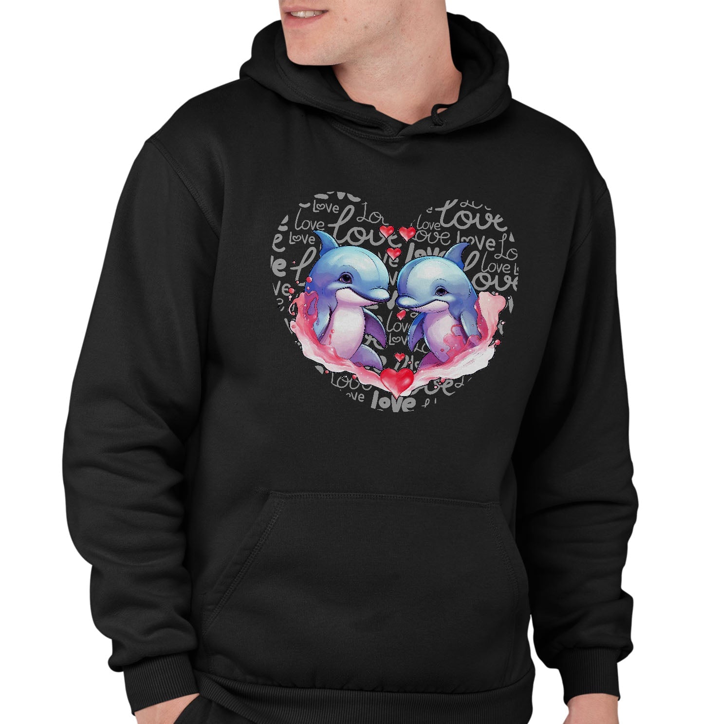 Dolphin Love Heart - Adult Unisex Hoodie Sweatshirt