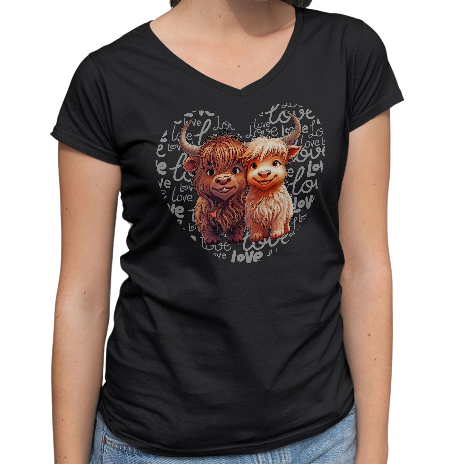 Highland Cow Love Heart - Women's V-Neck T-Shirt