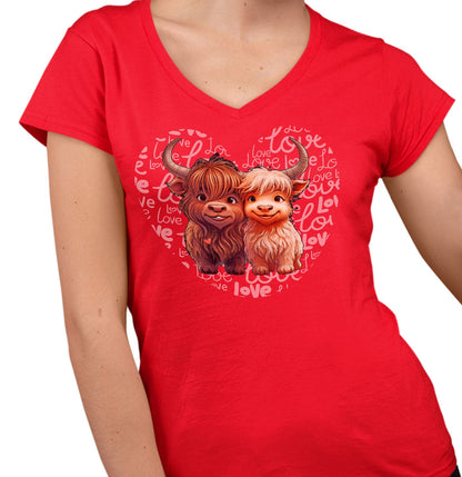 Highland Cow Love Heart - Women's V-Neck T-Shirt