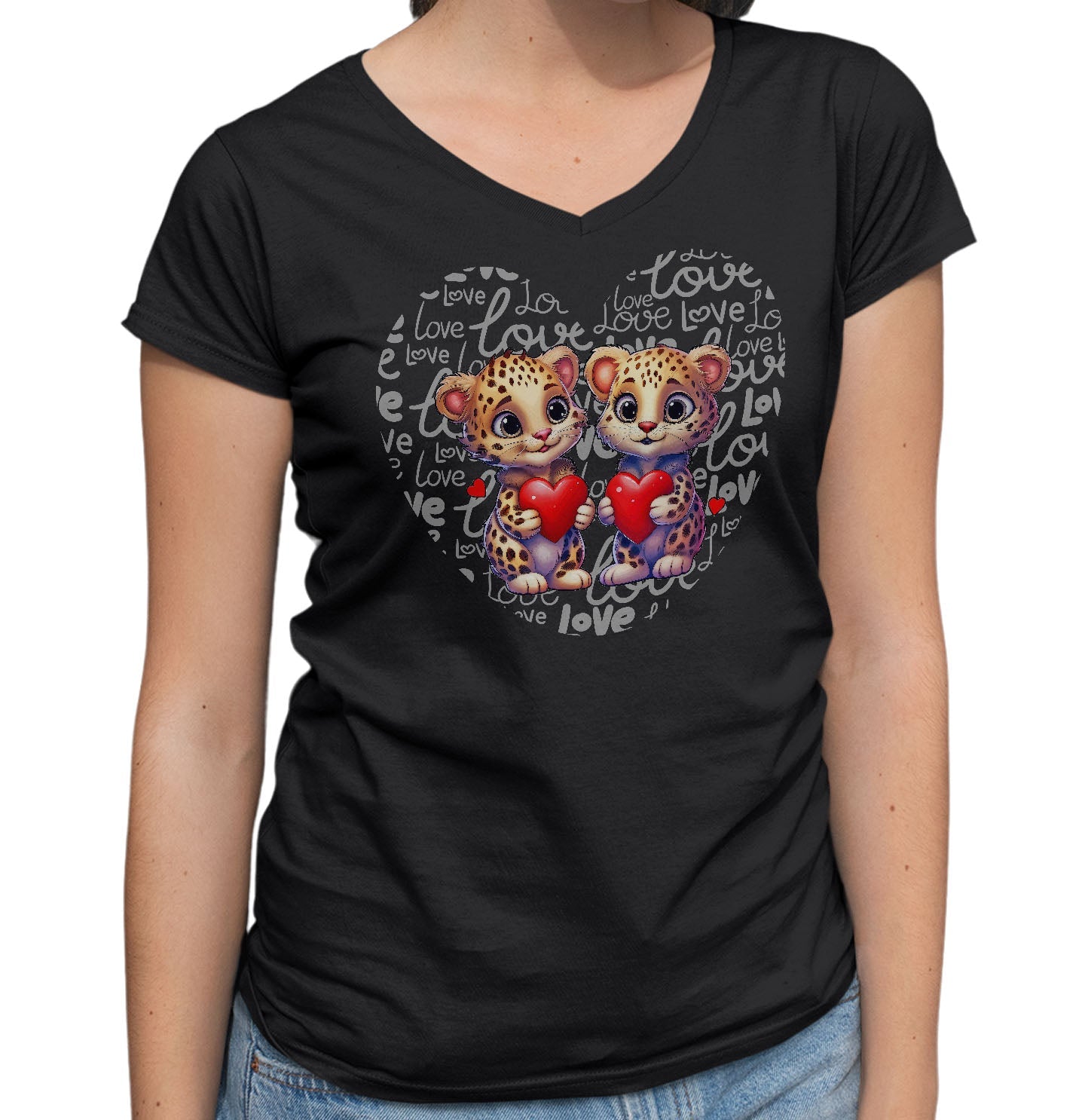 Leopard Love Heart - Women's V-Neck T-Shirt