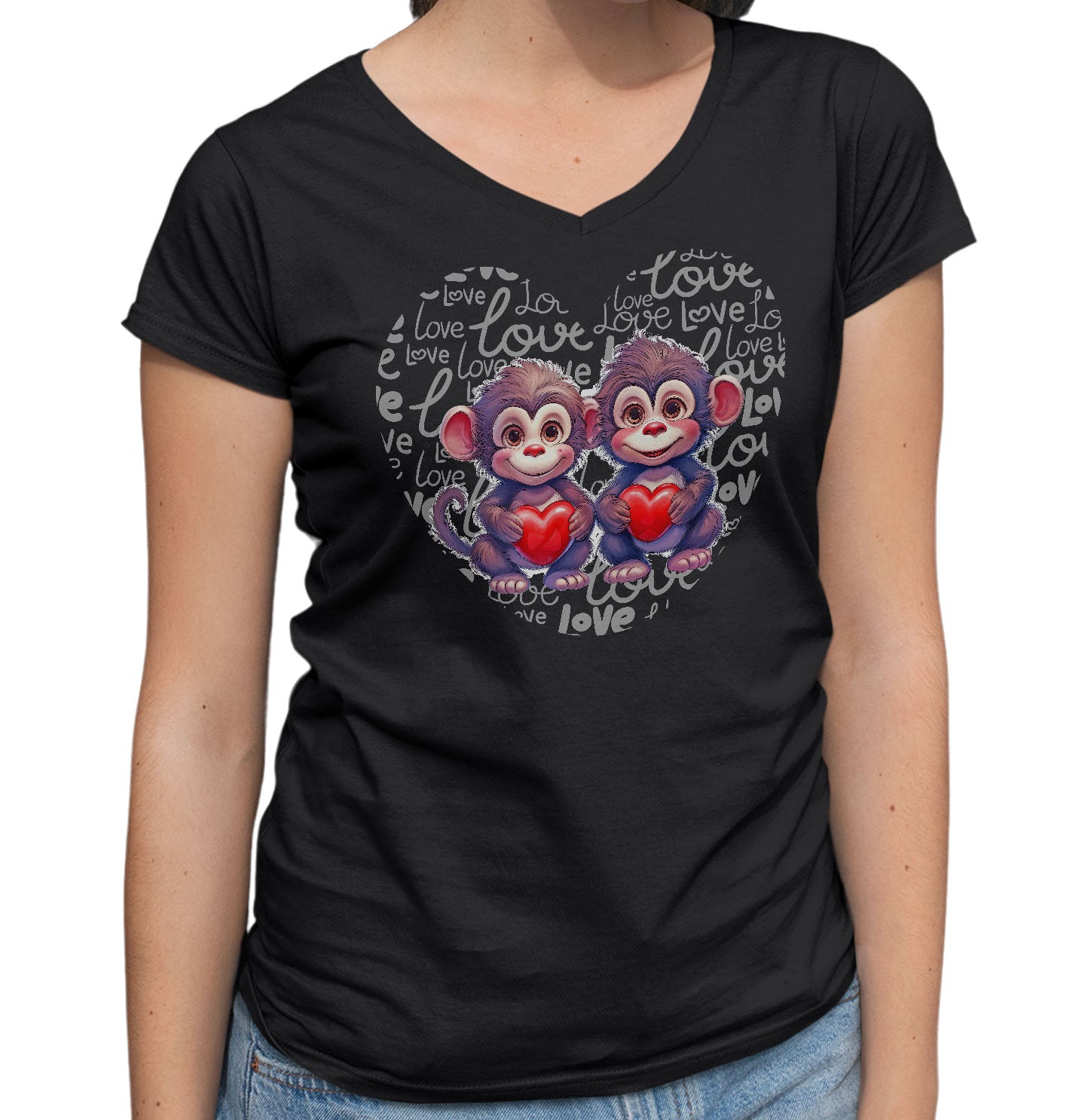 Monkey Love Heart - Women's V-Neck T-Shirt