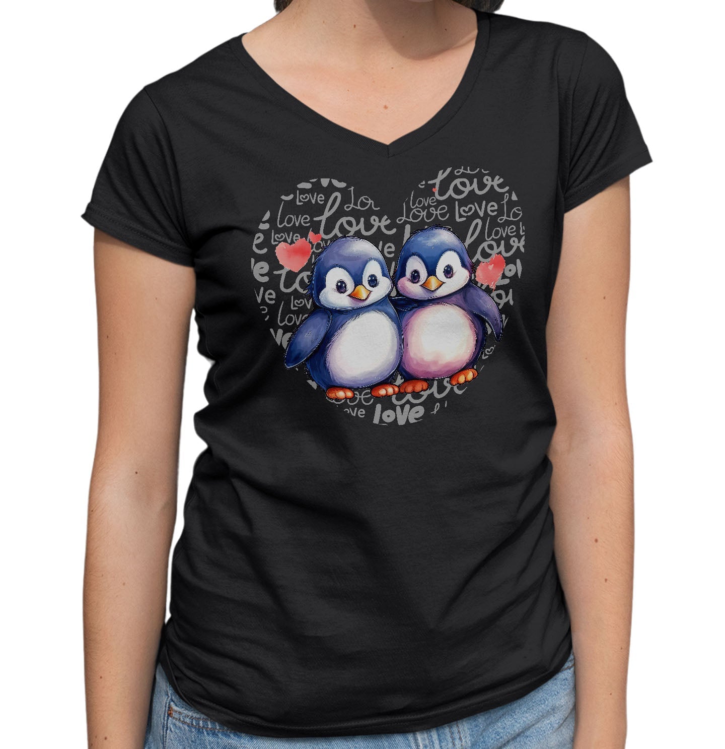Penguin Love Heart - Women's V-Neck T-Shirt
