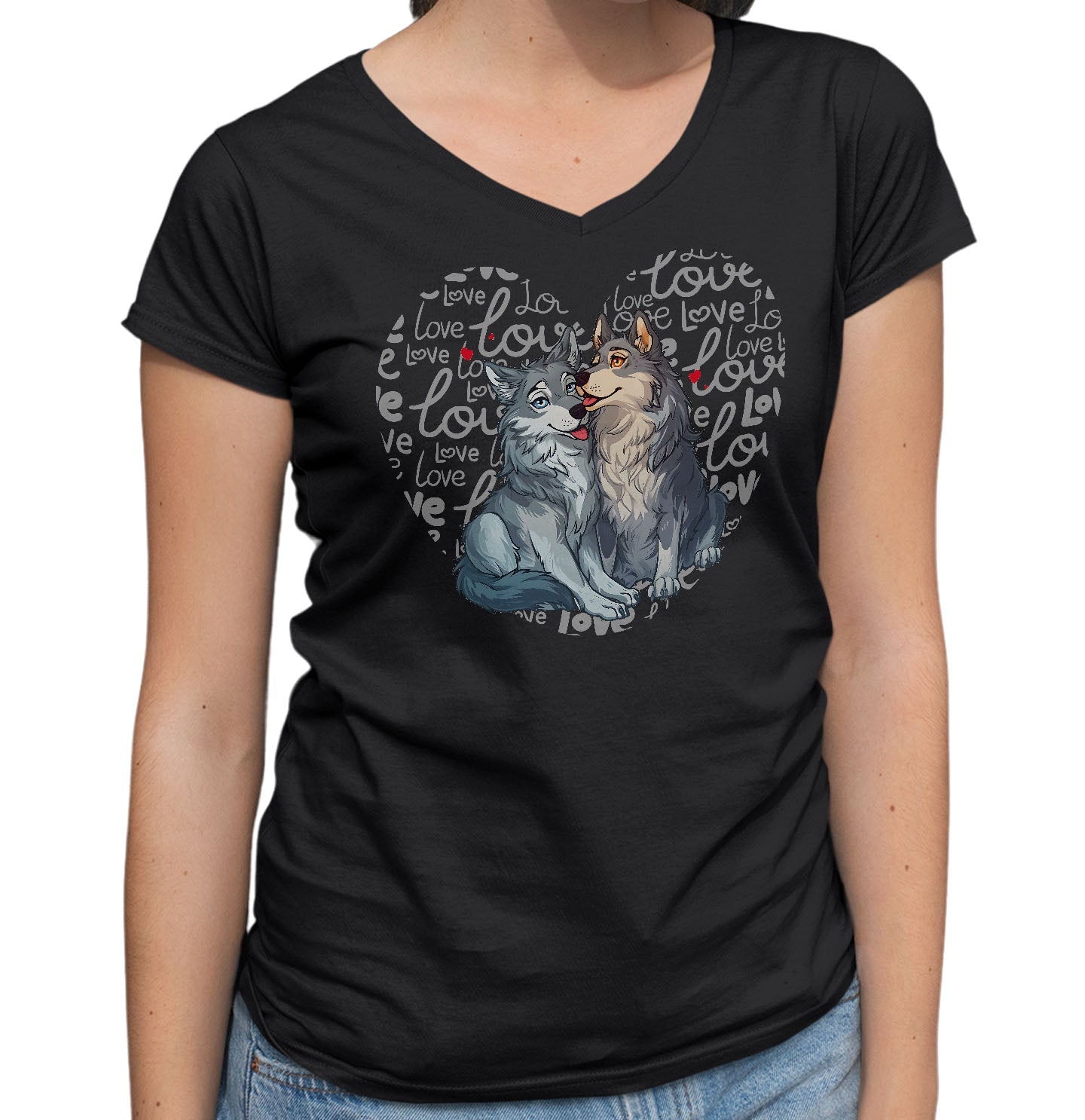 Wolf Love Heart - Women's V-Neck T-Shirt