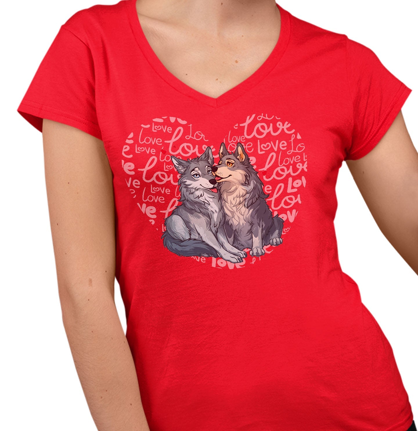 Wolf Love Heart - Women's V-Neck T-Shirt