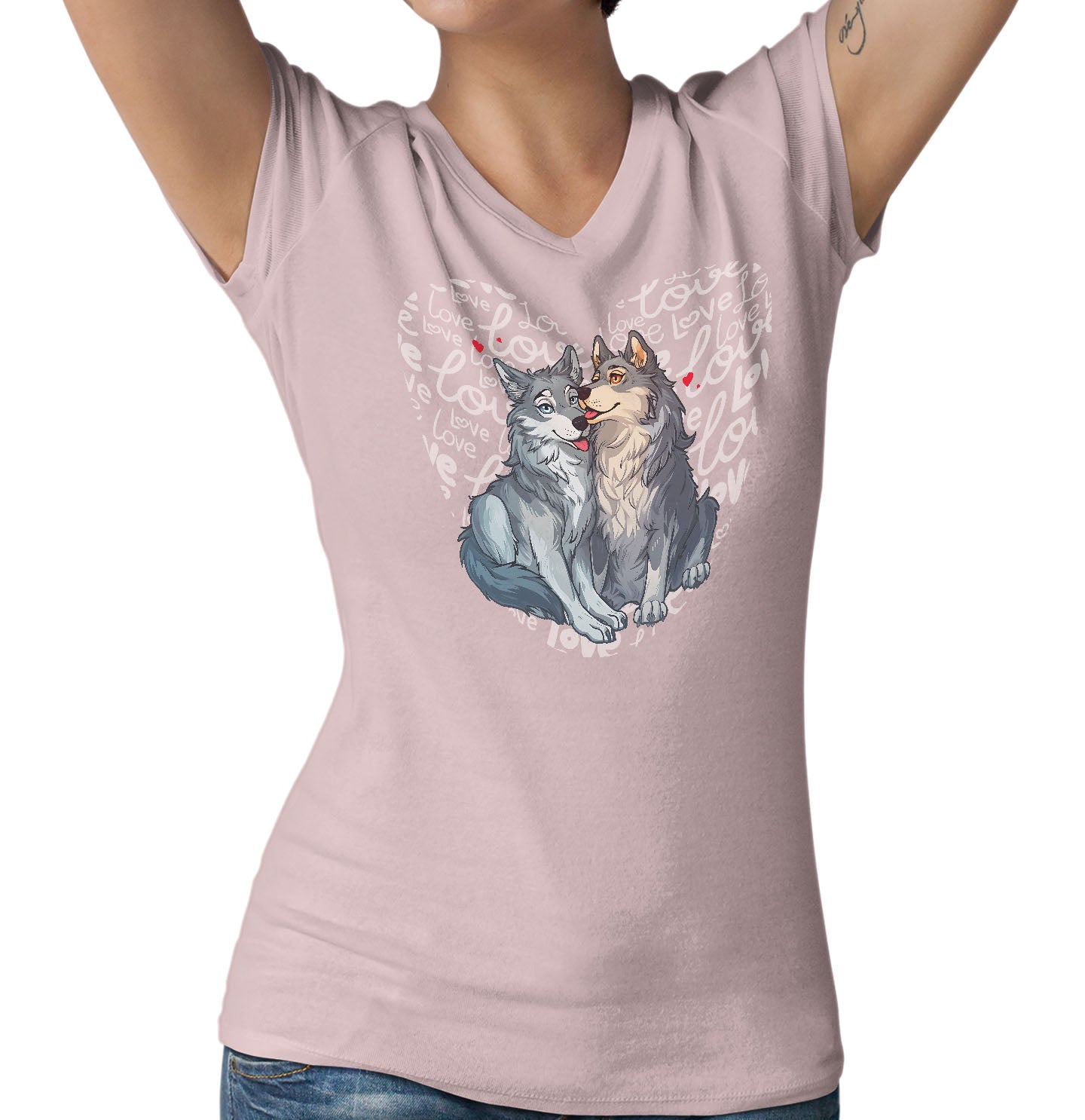 Wolf Love Heart - Women's V-Neck T-Shirt