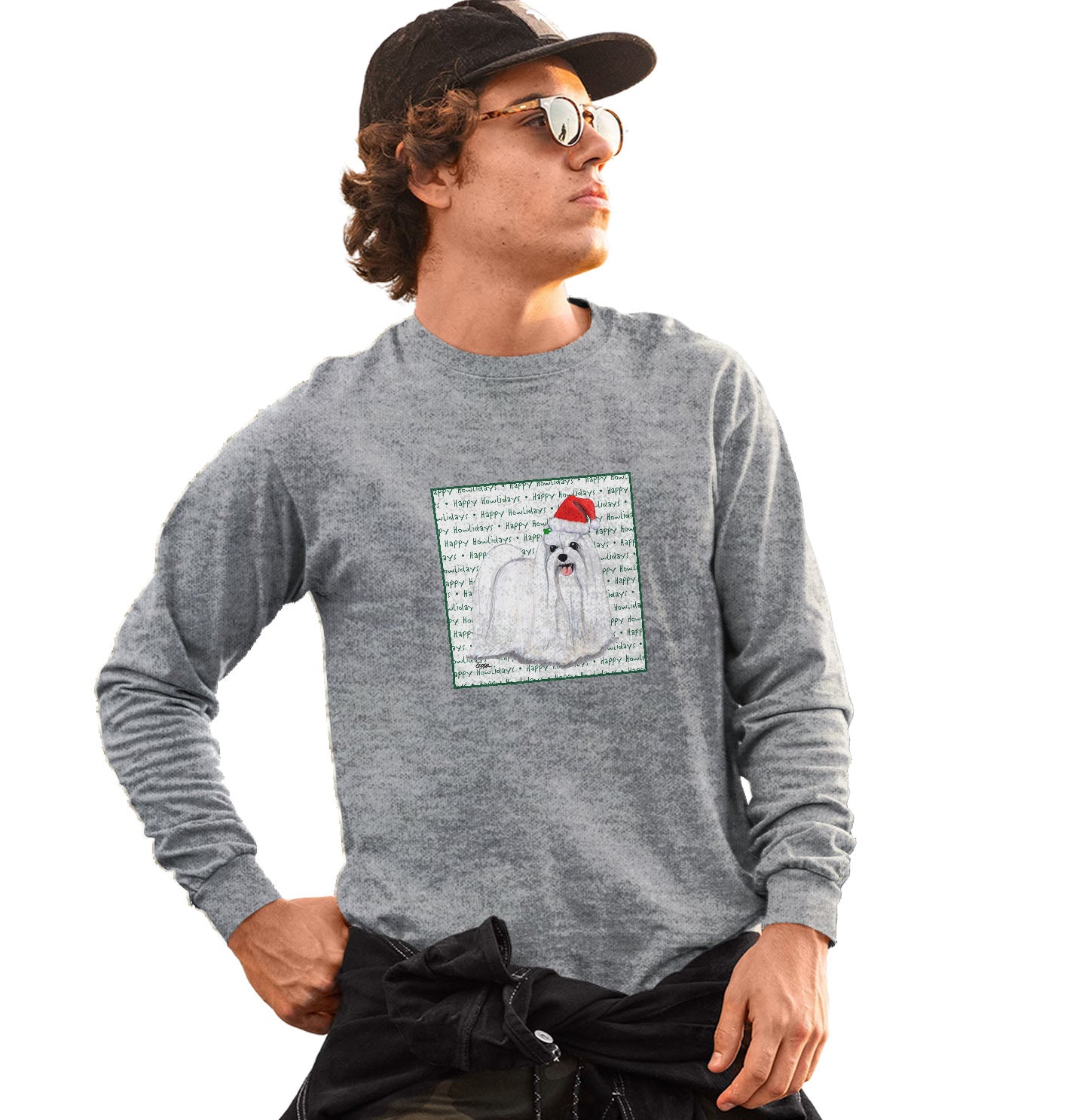 Maltese Happy Howlidays Text - Adult Unisex Long Sleeve T-Shirt