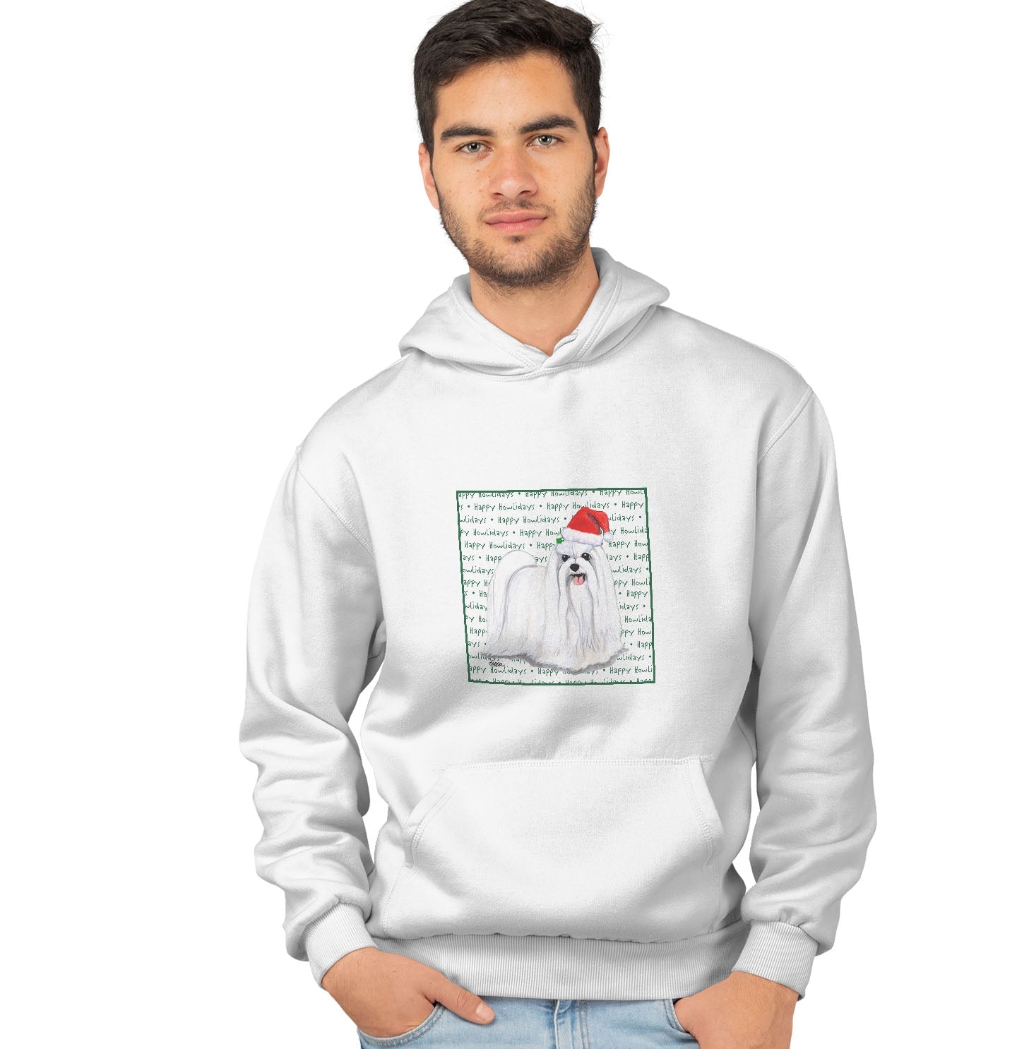 Maltese Happy Howlidays Text - Adult Unisex Hoodie Sweatshirt