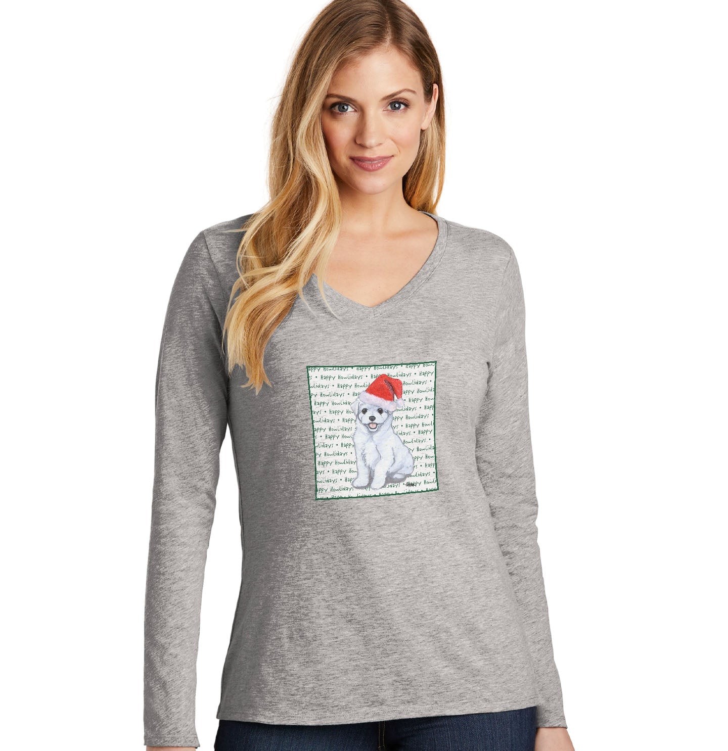 Maltese Happy Puppy Howlidays Text - Women's V-Neck Long Sleeve T-Shirt