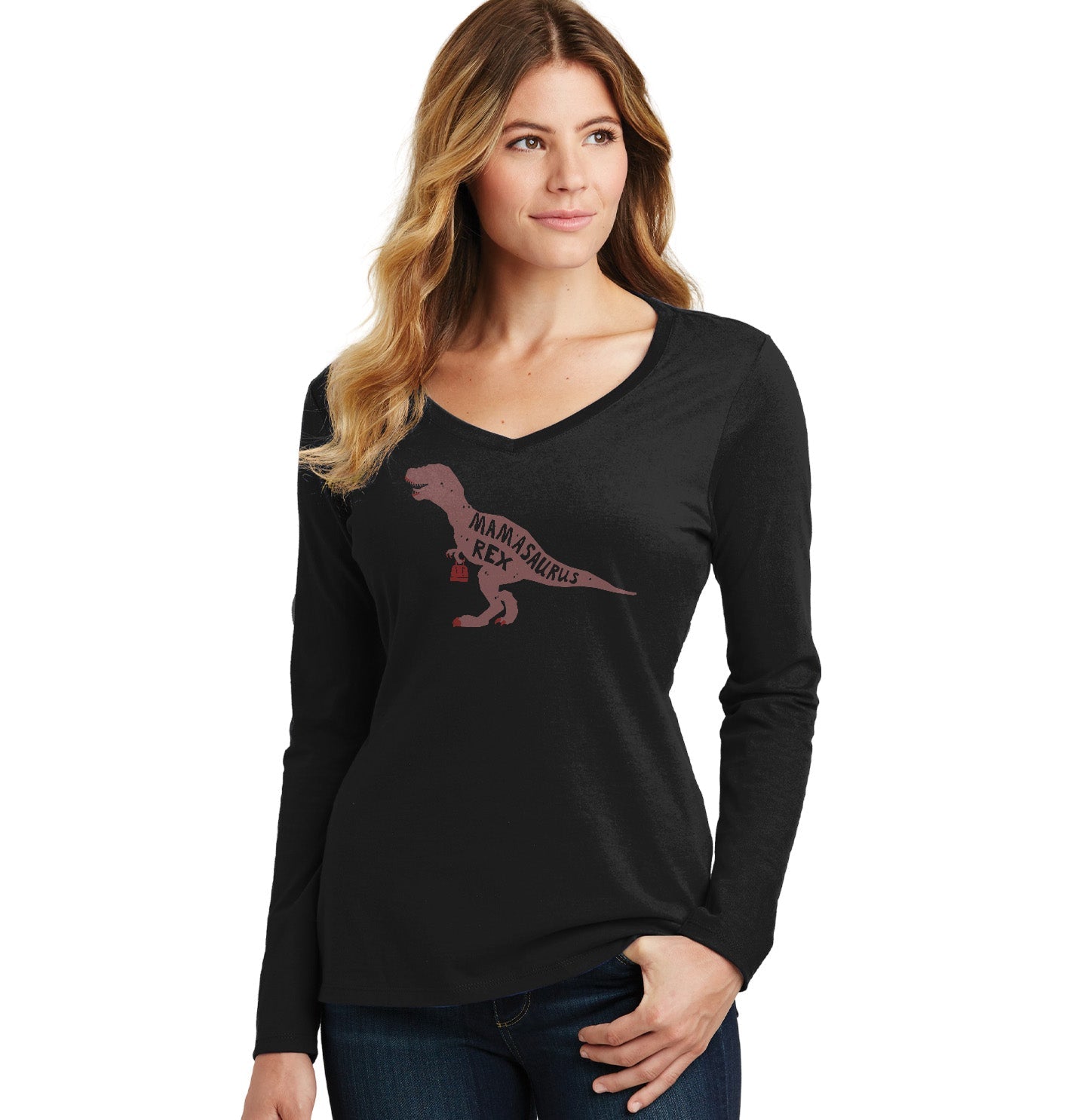 Mamasaurus Rex Silhouette - Women's V-Neck Long Sleeve T-Shirt