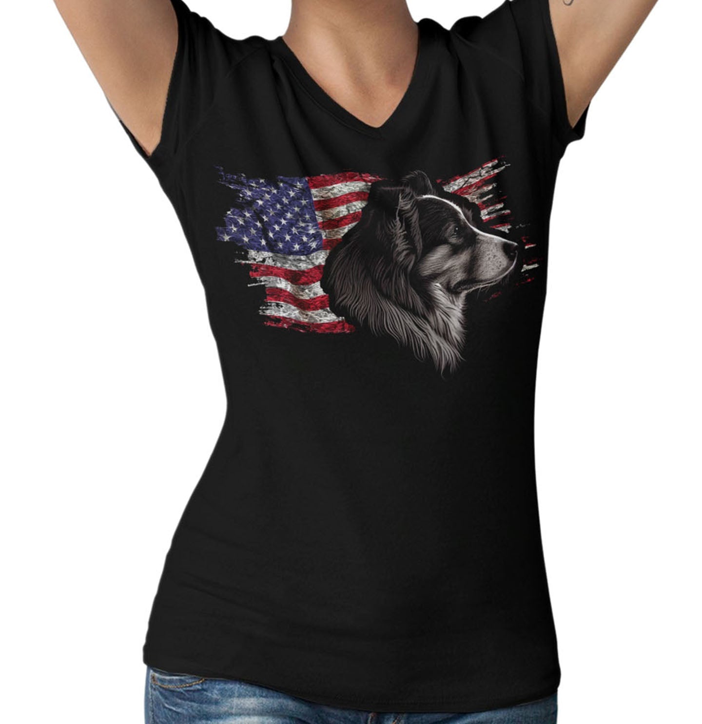 Patriotic Miniature American Shepherd American Flag - Women's V-Neck T-Shirt