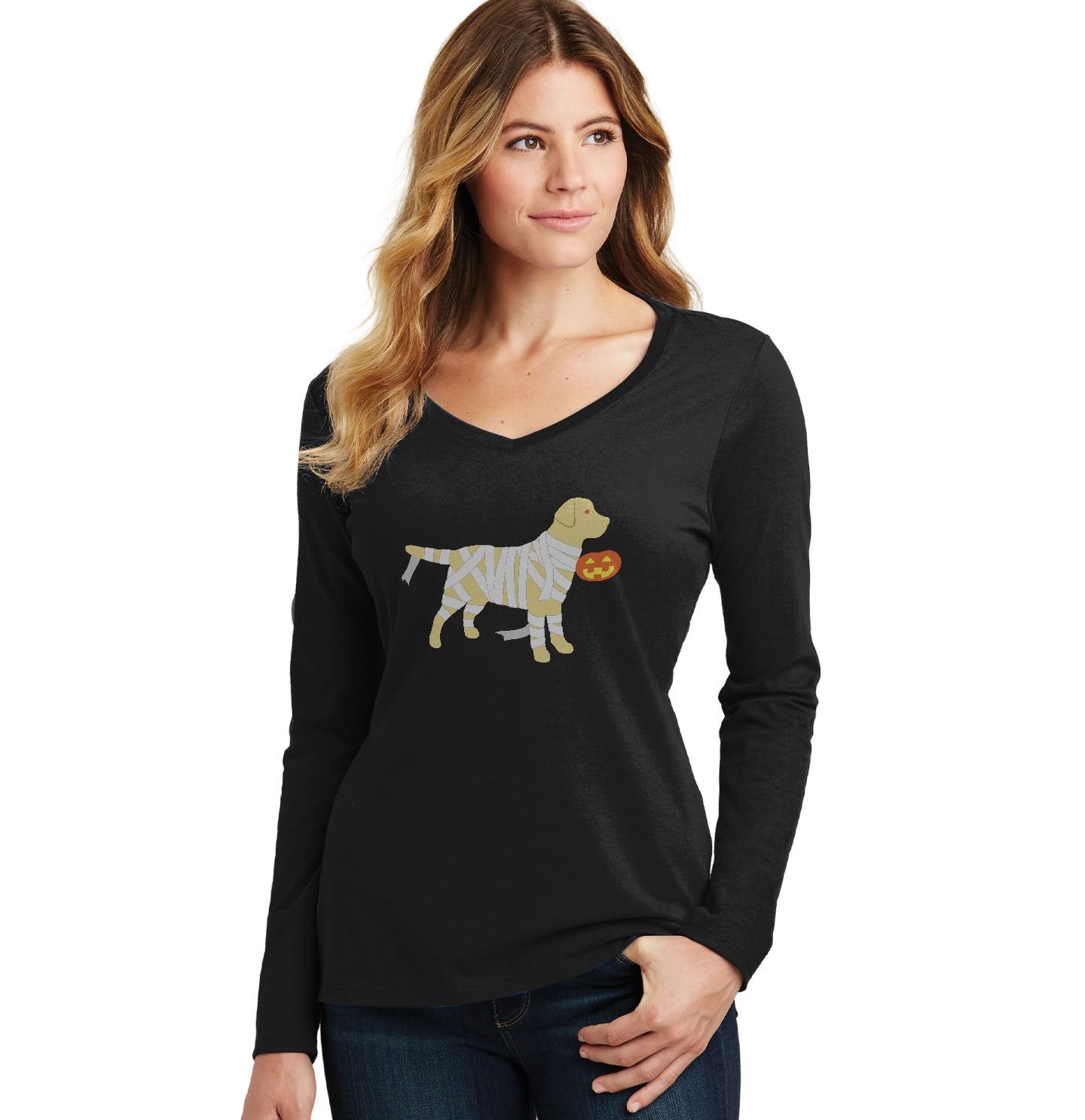 Yellow Lab Mummy Trick or Treater - Halloween - Women's V-Neck Long Sleeve T-Shirt