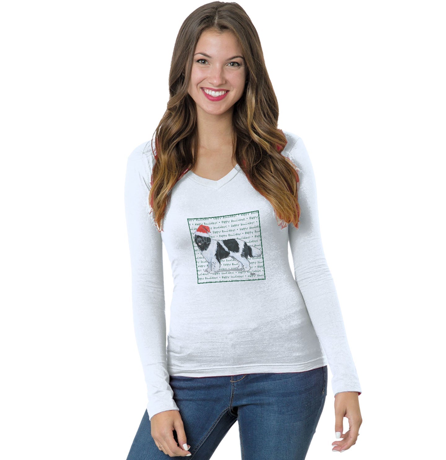 Newfoundland (Black & White) Happy Howlidays Text - Women's V-Neck Long Sleeve T-Shirt