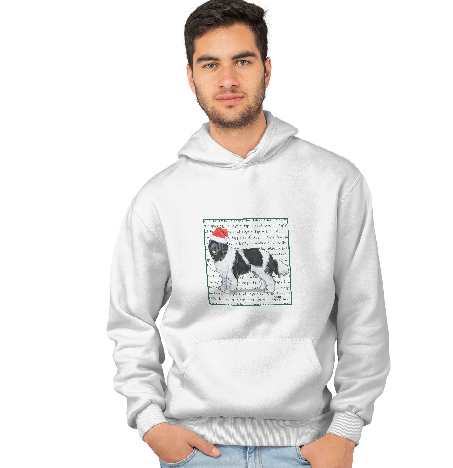 Newfoundland (Black & White) Happy Howlidays Text - Adult Unisex Hoodie Sweatshirt