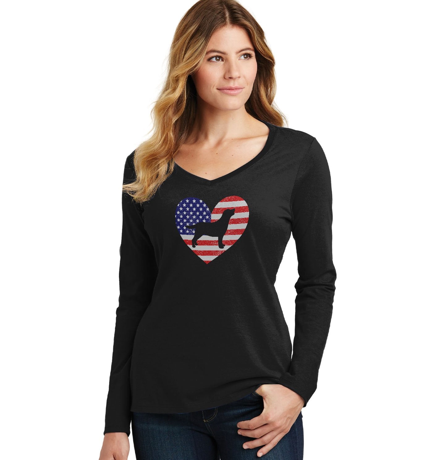 USA Flag Pattern Lab Silhouette - Women's V-Neck Long Sleeve T-Shirt