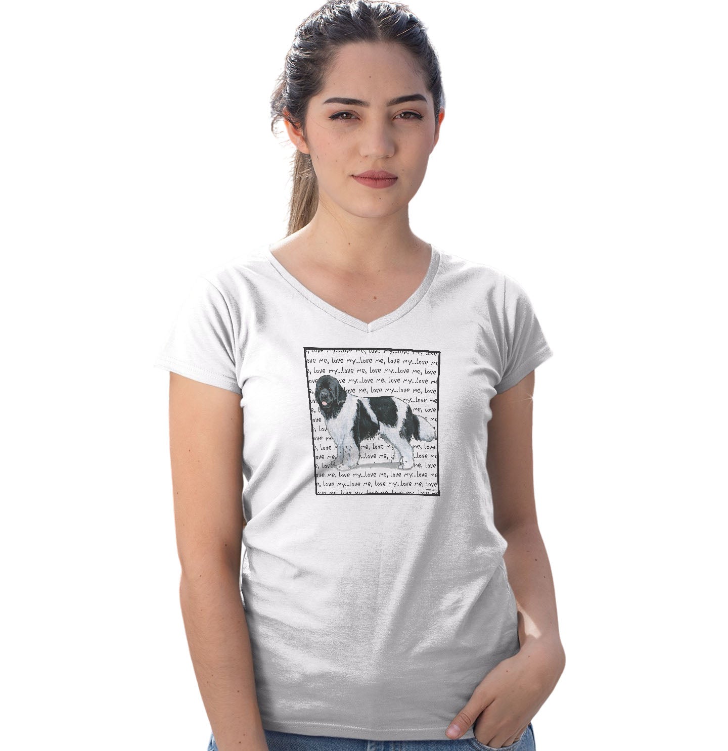 Black & White Newfie Love Text - Women's V-Neck T-Shirt