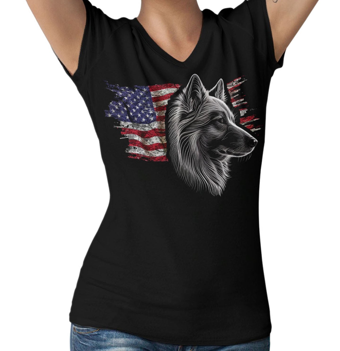 Patriotic Norwegian Buhund American Flag - Women's V-Neck T-Shirt