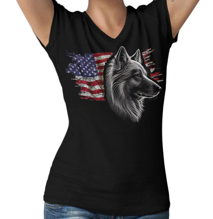 Patriotic Norwegian Buhund American Flag - Women's V-Neck T-Shirt