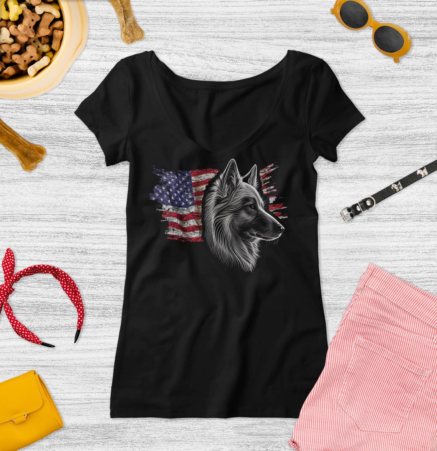 Patriotic Norwegian Buhund American Flag - Women's V-Neck T-Shirt