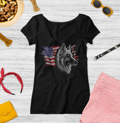 Patriotic Norwegian Buhund American Flag - Women's V-Neck T-Shirt