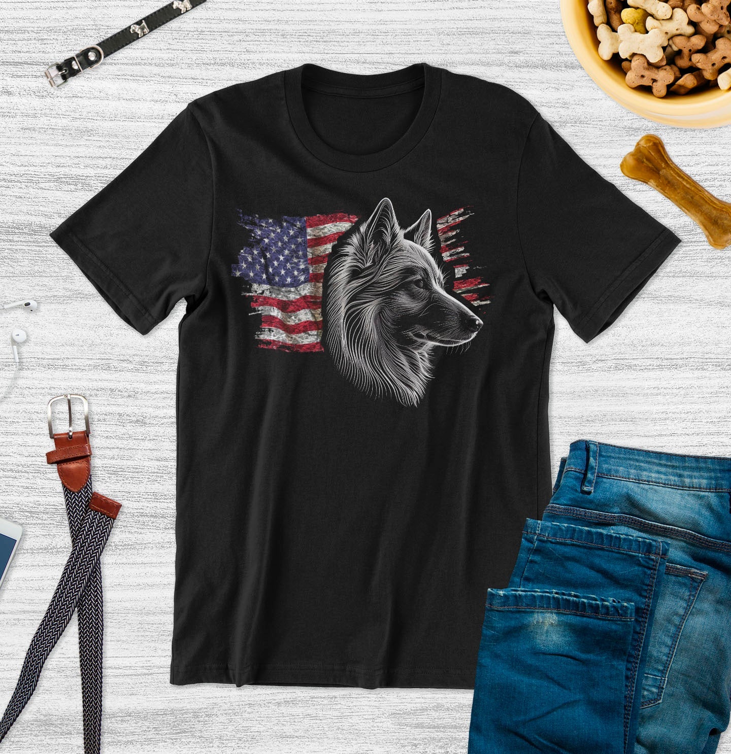 Patriotic Norwegian Buhund American Flag - Adult Unisex T-Shirt