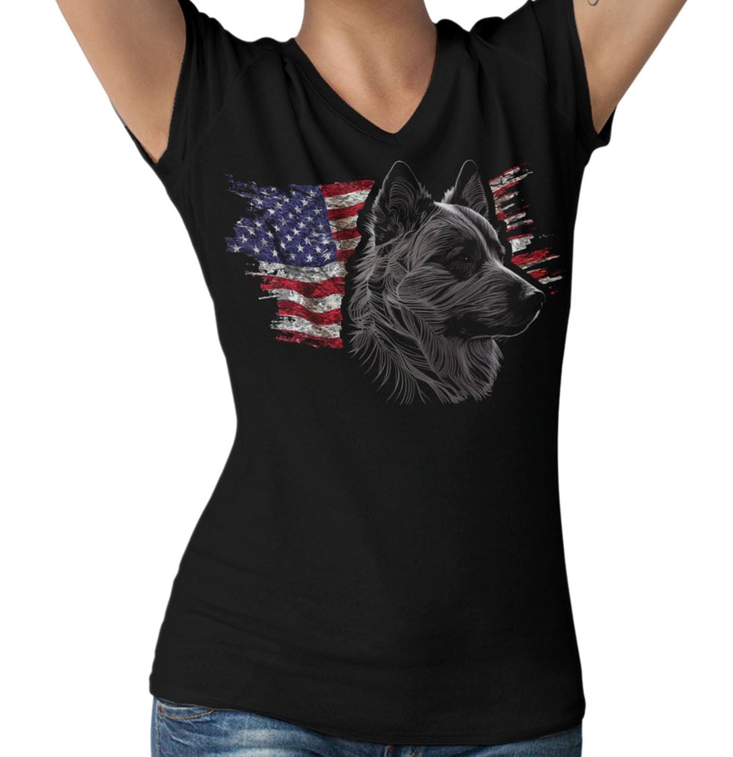 Patriotic Norwegian Elkhound American Flag - Women's V-Neck T-Shirt